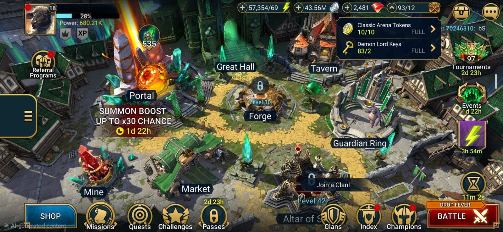 Amazing Starter Account - Mythical-Lazarius + 25 Legendary(Narma+Teodor) + Lots of Epic/Rare. Energy-57354 + Silver-43m + Gems-2481. Gem Mine-lvl3. 271+ Days. Promo Codes Work. Lots of Resources.